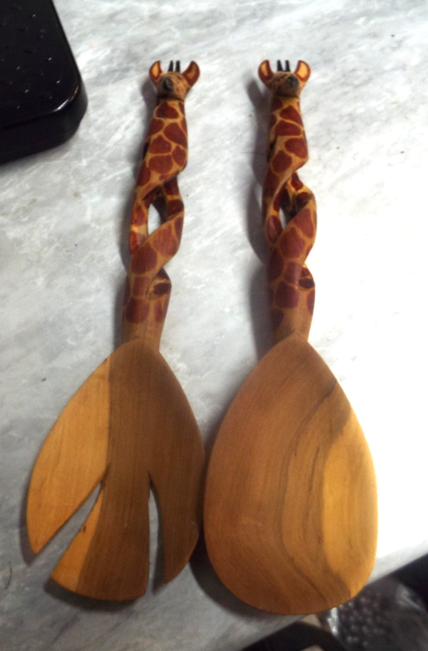 2 Hand Carved Twisted Giraffe Salad Serving Spoons - Jedando Handicrafts 11"